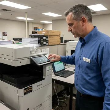 Technician configuring cloud print management on office printer