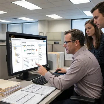Document management consultant helping organize digital office files