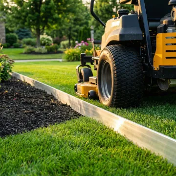 Aluminum landscape edging creating defined border between lawn and mulched planting bed