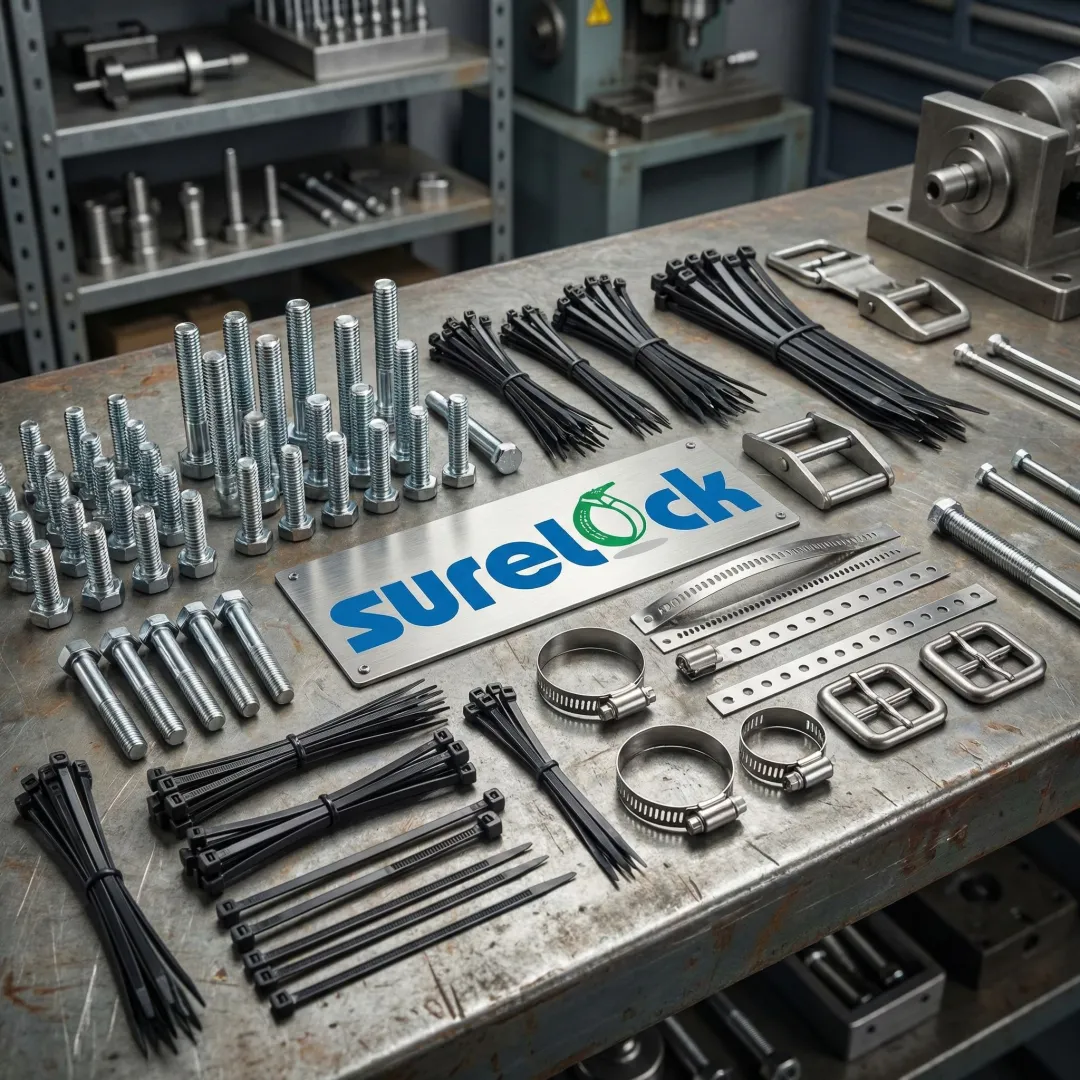 High-quality industrial fasteners including bolts, cable ties, and stainless steel bands arranged in an industrial setting