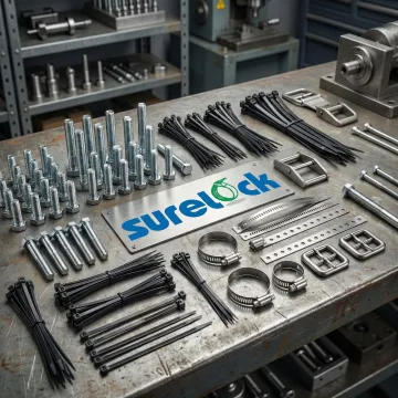 High-quality industrial fasteners including bolts, cable ties, and stainless steel bands arranged in an industrial setting