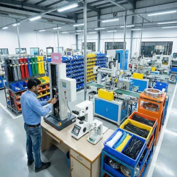 Industrial manufacturing facility showing quality fasteners being tested and assembled