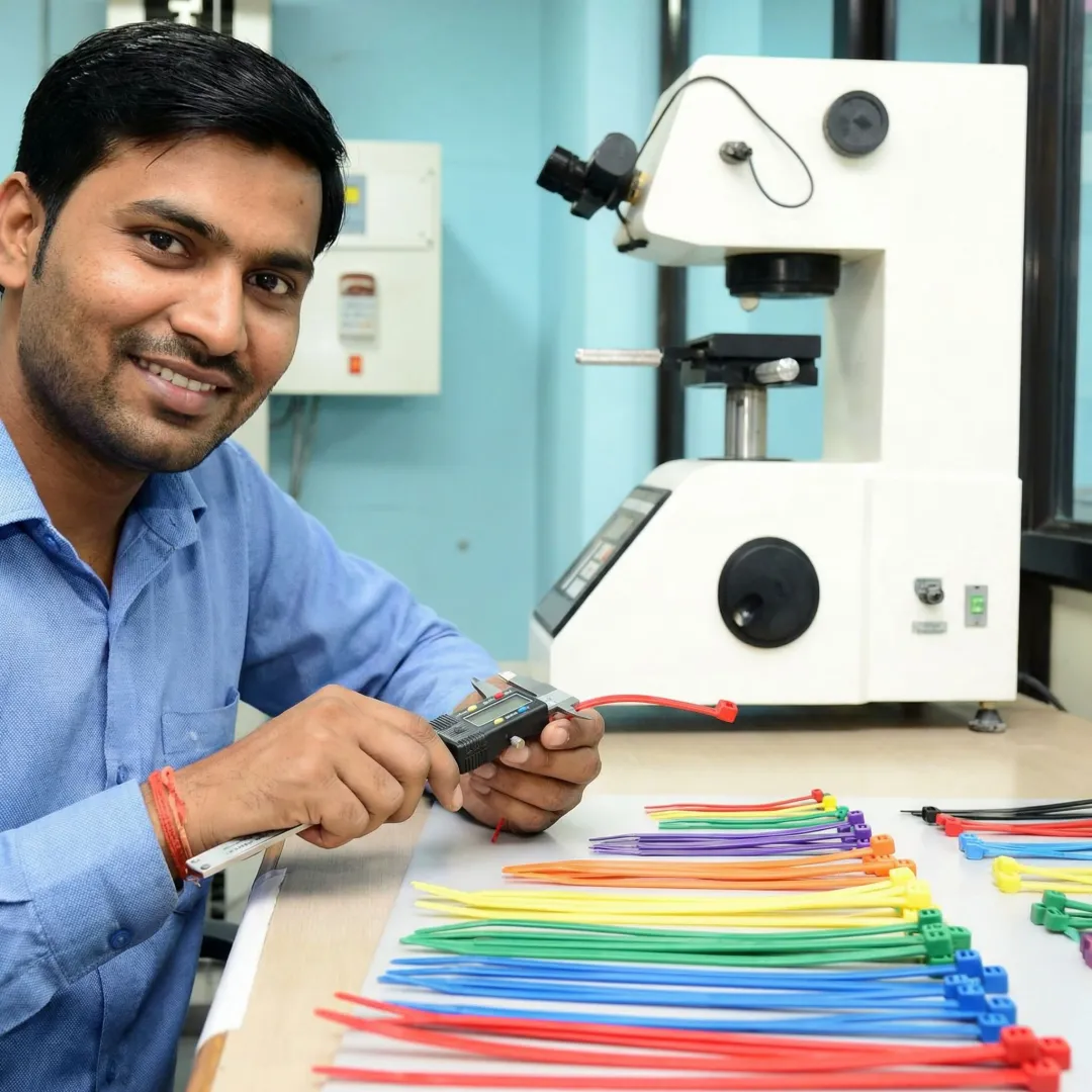 Quality cable ties being inspected on manufacturing line with precision testing equipment