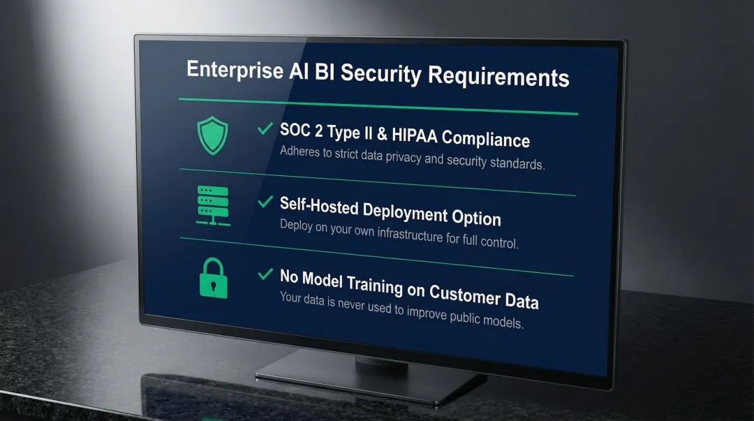 Enterprise AI BI tool security compliance checklist covering SOC 2 HIPAA and deployment options