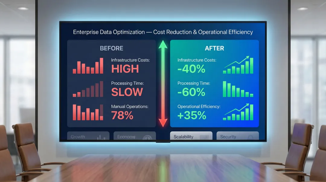 Healthcare organization data analytics cost savings dashboard showing before and after metrics