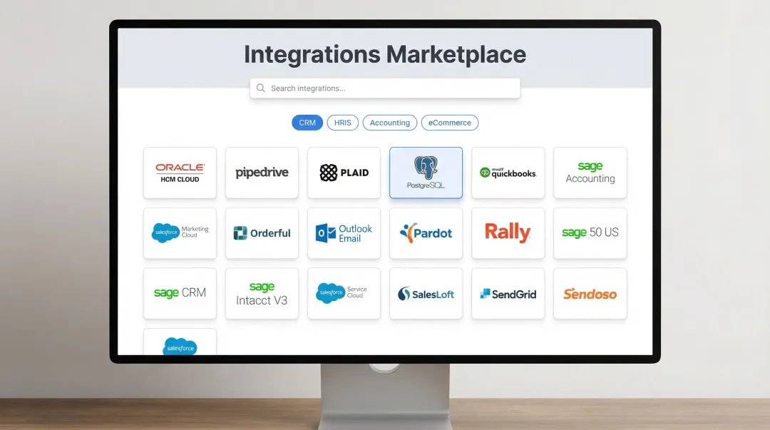 White-labeled SaaS integration marketplace interface showing available connectors and categories