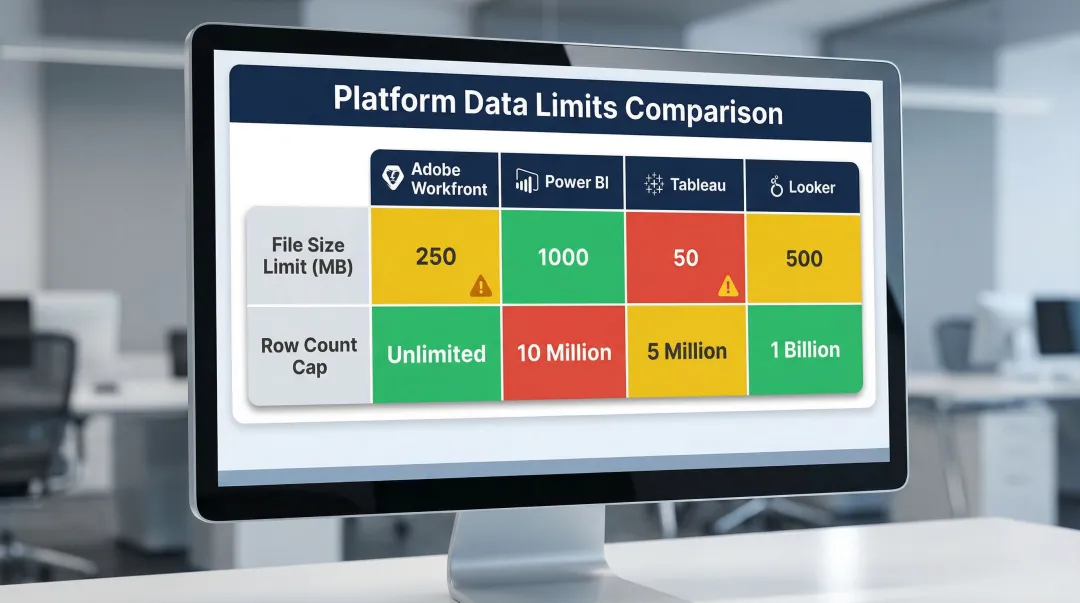Report attachment file size and row count limits comparison across BI platforms