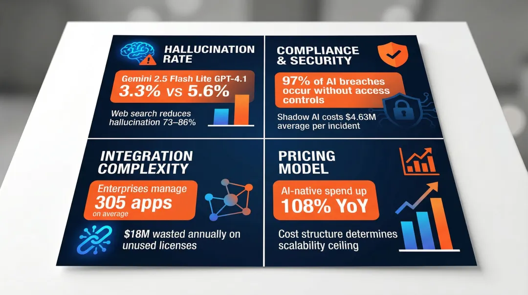 Four critical AI tool evaluation criteria with compliance and cost statistics
