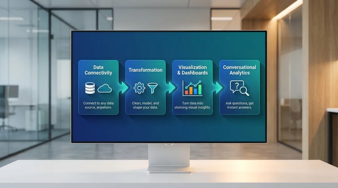Four core business intelligence tool functions connectivity transformation visualization analytics