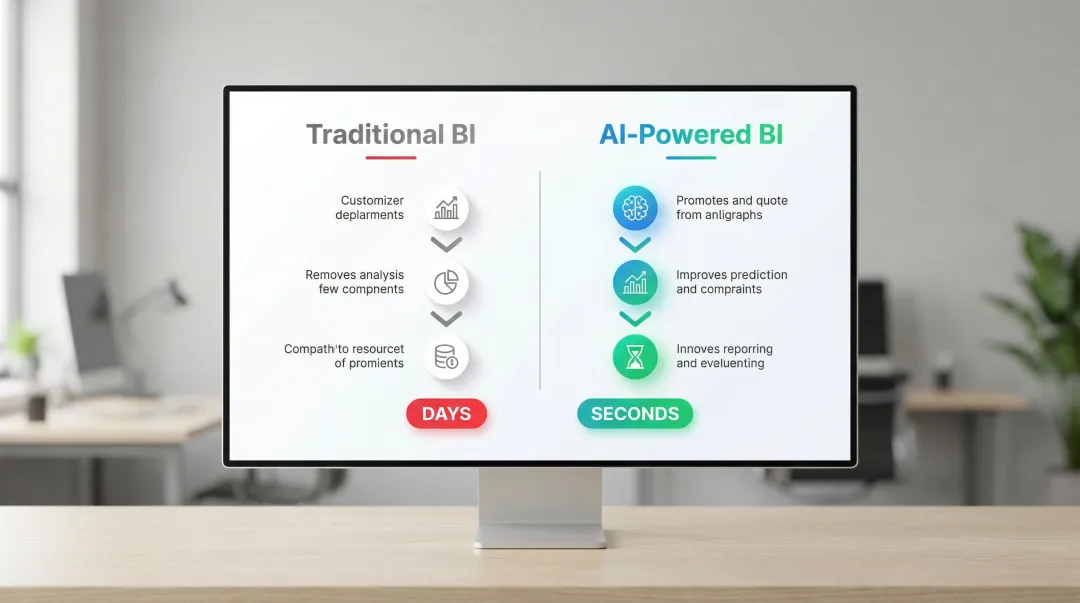 Traditional BI versus AI-powered BI workflow comparison side-by-side infographic