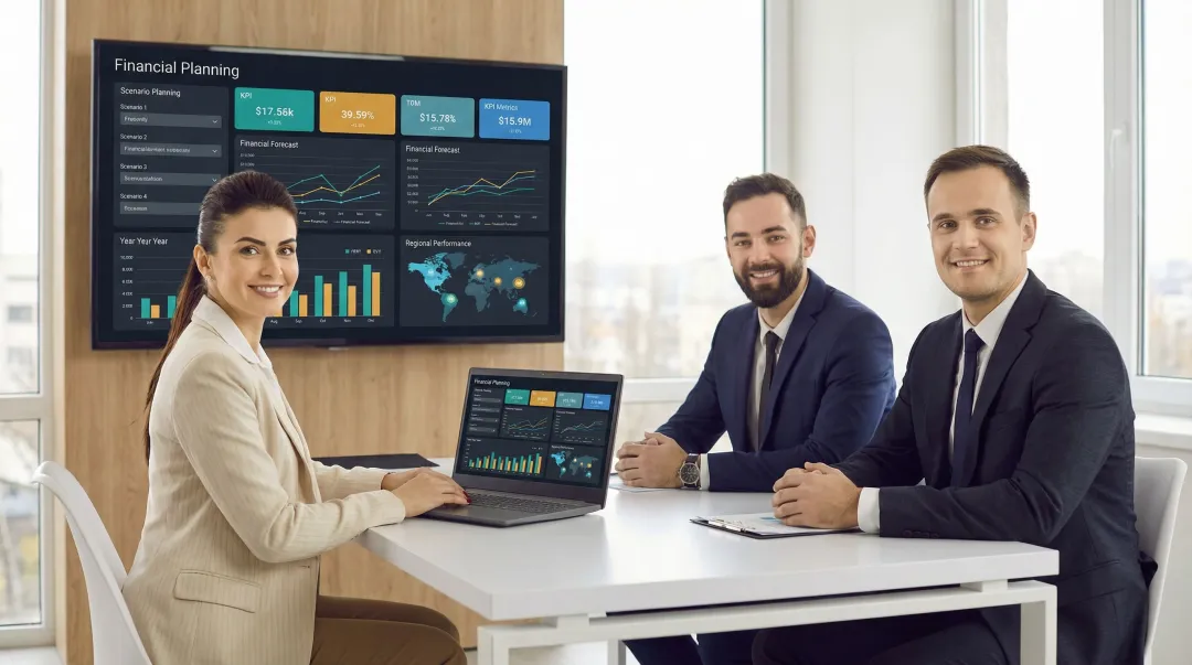 Finance team using AI-powered business intelligence dashboard for budget scenario planning