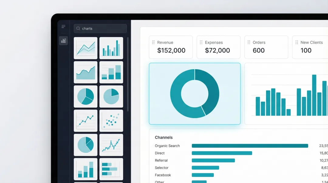 Dashboard wireframing tool interface showing chart widgets and BI component library