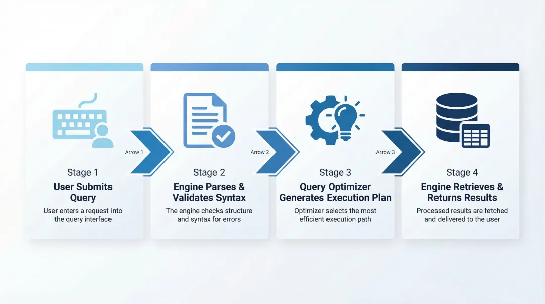 four-stage data query pipeline from submission to results retrieval