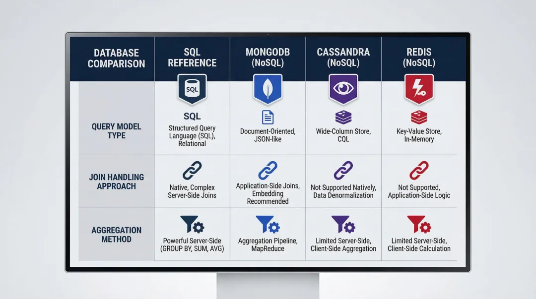 SQL versus NoSQL database query model comparison chart MongoDB Cassandra Redis