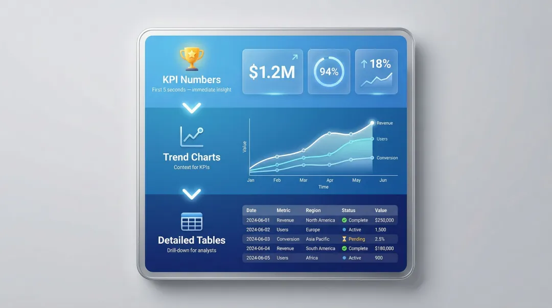 Dashboard visual hierarchy three-tier layout with KPIs trends and detail tables