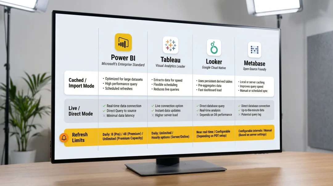 Dashboard platform data refresh mode comparison table Power BI Tableau Looker Metabase