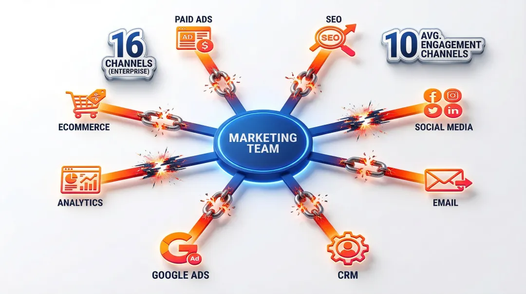 Average marketing channels used by teams showing data silo fragmentation problem