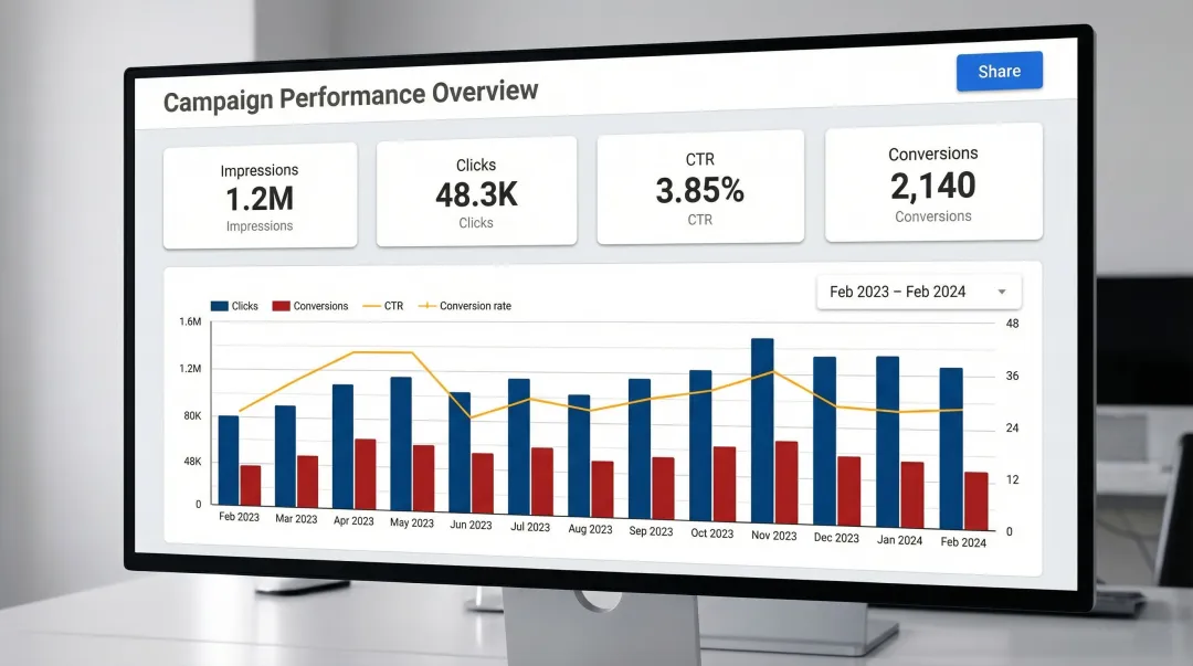 Looker Studio dashboard interface showing Google Ads and GA4 marketing report