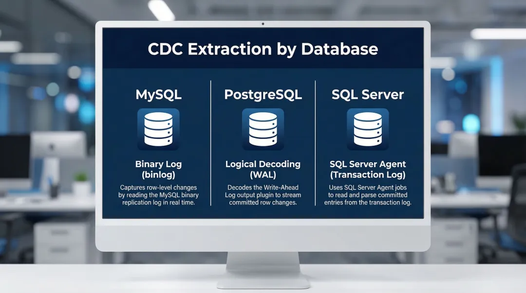 Database CDC extraction methods comparison across MySQL PostgreSQL and SQL Server