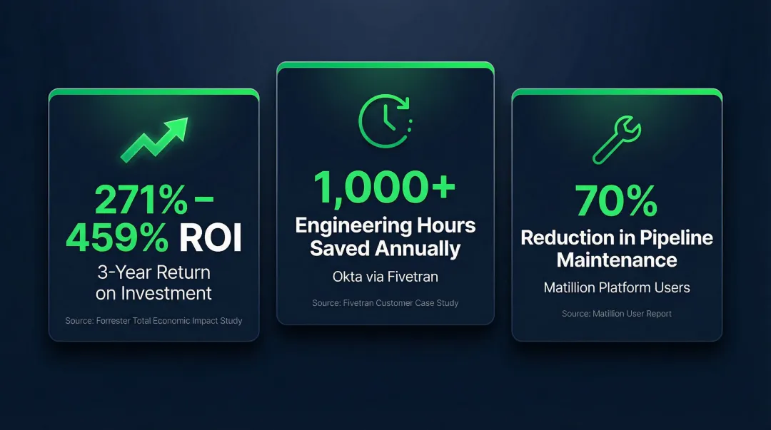 Pre-built data connector ROI statistics showing engineering hours saved and payback periods
