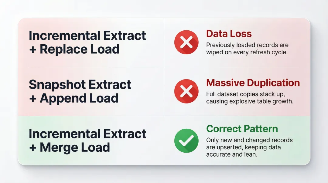 Extraction and load mode compatibility matrix showing correct and incorrect pipeline combinations
