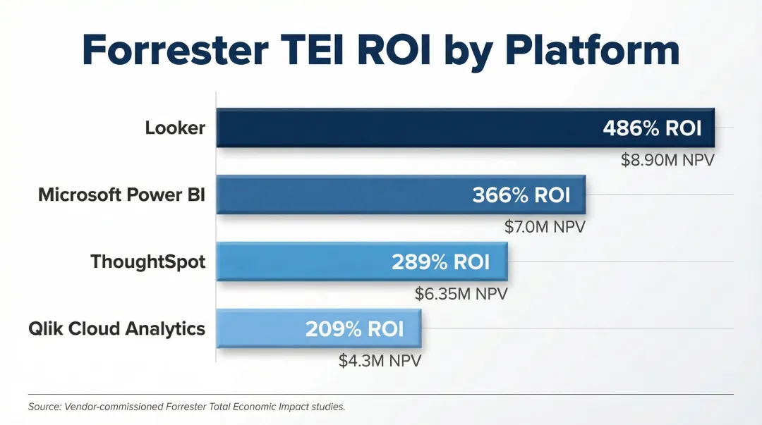 Self-service BI platform ROI comparison Looker Power BI ThoughtSpot Qlik Forrester study results
