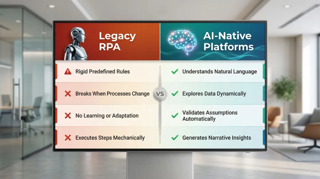 RPA rule-based automation versus AI-native reporting platform comparison infographic