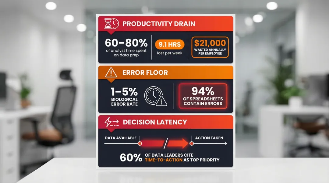 Manual reporting cost breakdown showing productivity loss error rates and decision latency