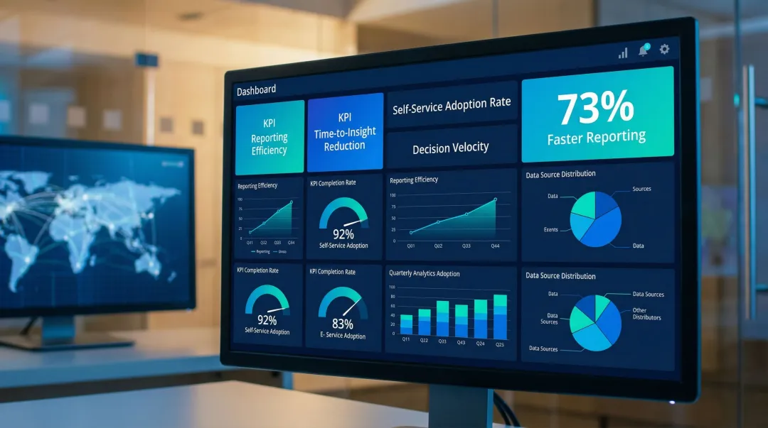Enterprise analytics dashboard showing automated report metrics and real-time performance data