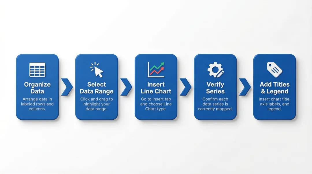 5-step Excel multi-series line chart creation process flow diagram