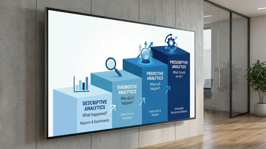 Four-tier analytics maturity model from descriptive to prescriptive analytics