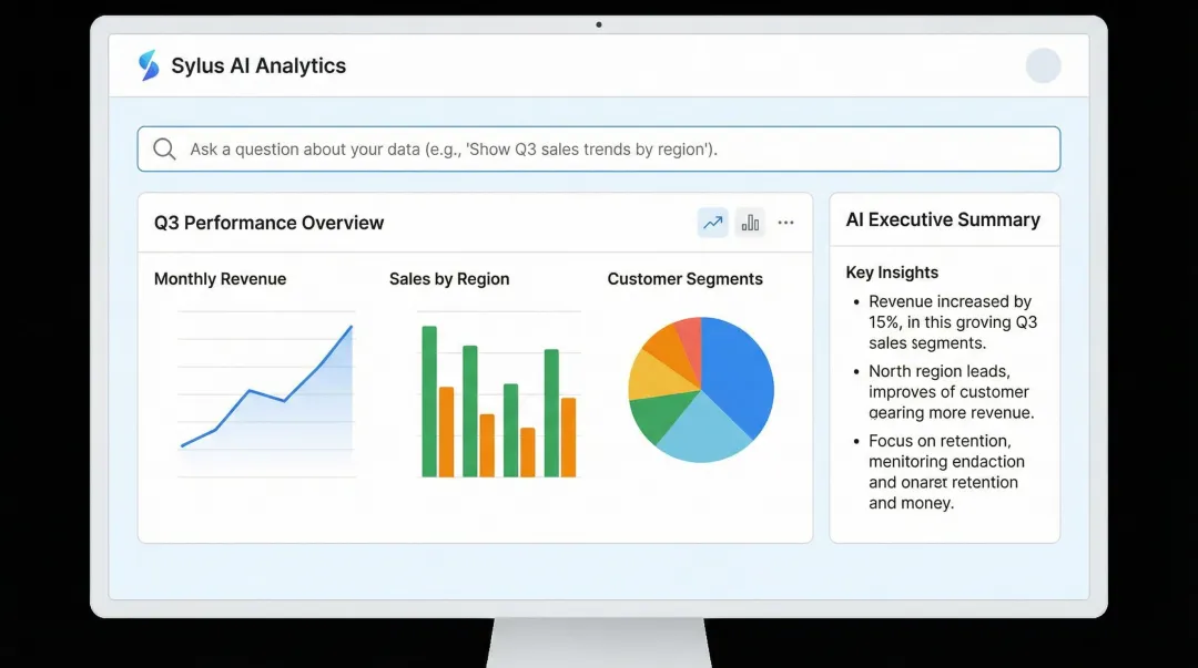 Sylus AI analytics platform dashboard showing natural language query and generated charts