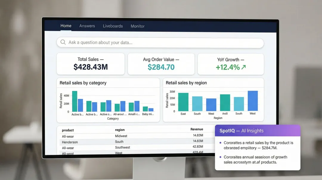 ThoughtSpot Liveboard interface displaying natural language search results and AI-generated insights