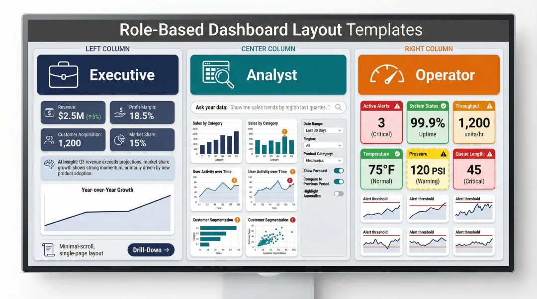 Three BI dashboard role templates comparison executive analyst and operator layouts