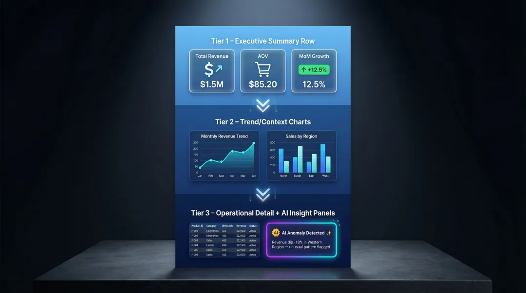 Three-tier BI dashboard layout framework with KPIs trends and AI insights