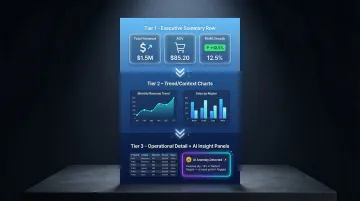 Three-tier BI dashboard layout framework with KPIs trends and AI insights