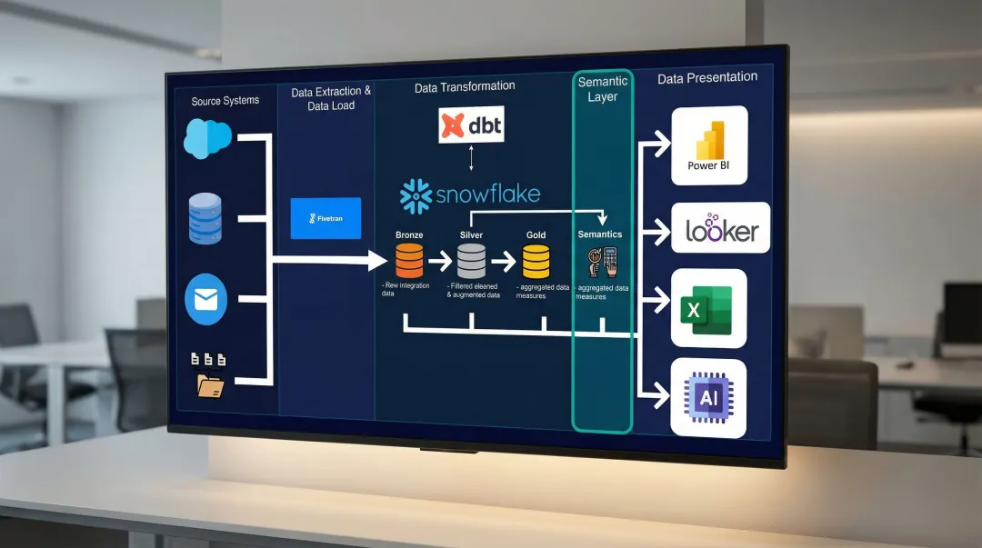 dbt semantic layer architecture diagram connecting data models to BI dashboard outputs