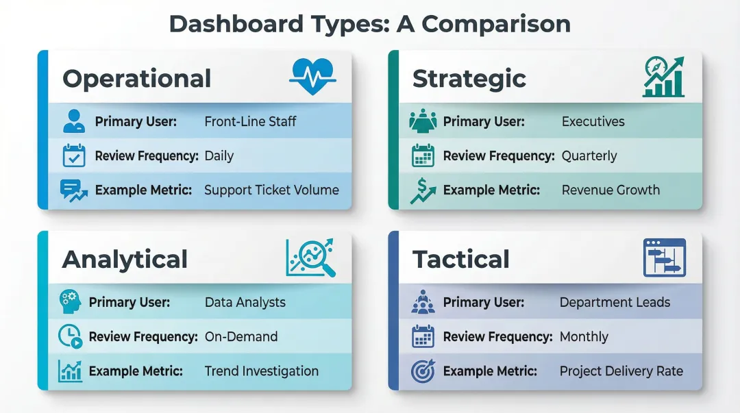 Four business dashboard types mapped to user roles and decision timeframes
