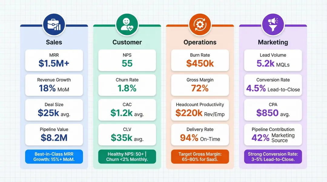 Business dashboard KPI categories covering sales customer operations and marketing metrics