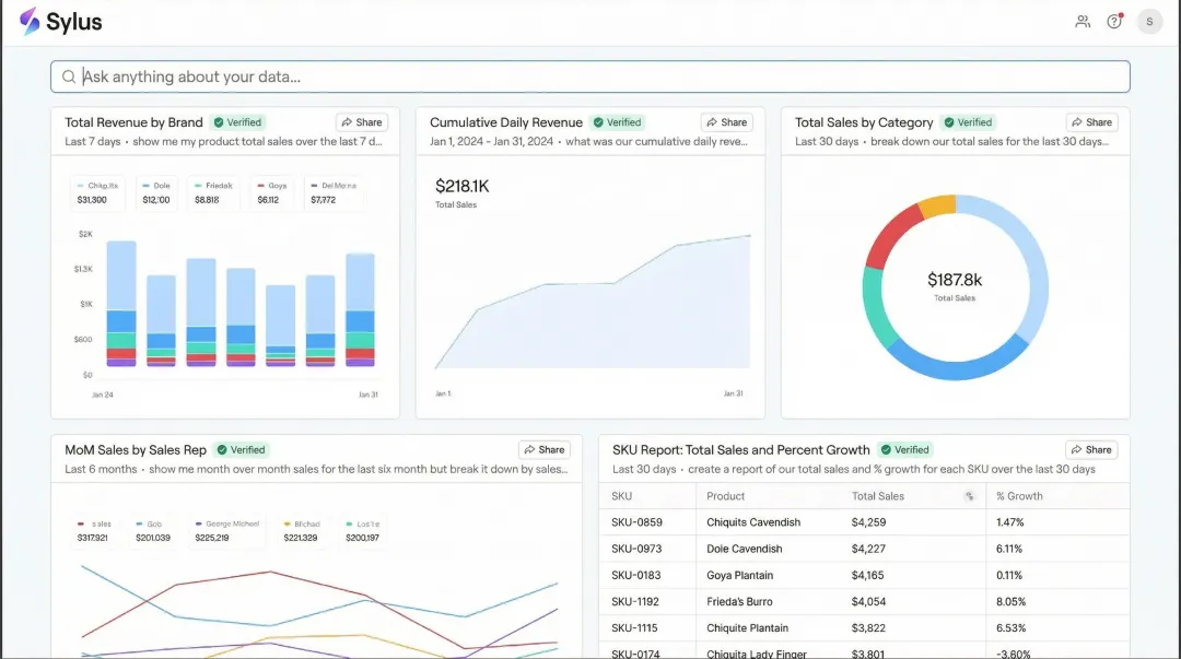 Sylus AI analytics platform dashboard showing plain-English query and auto-generated report