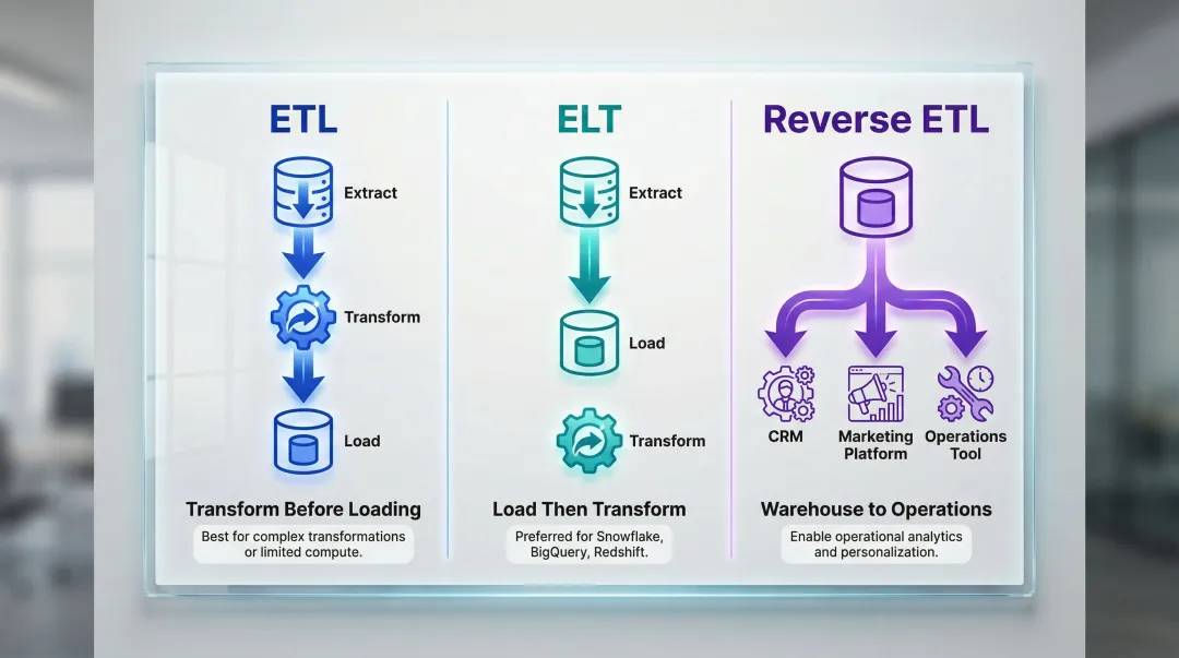 ETL versus ELT versus Reverse ETL data integration paradigms comparison infographic