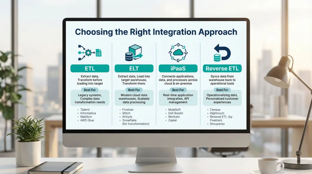 Four data integration platform types ETL ELT iPaaS and Reverse ETL comparison chart