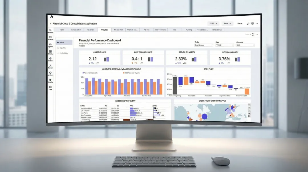 Real-time financial dashboard displaying multi-entity consolidation and cash flow reporting