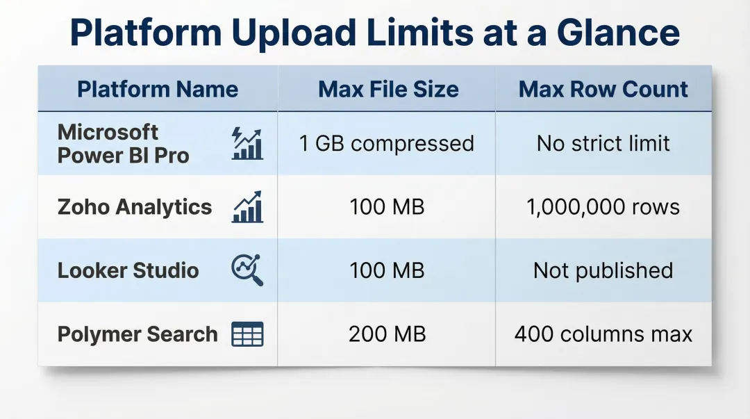 AI dashboard platform upload limits comparison table for file size and row count