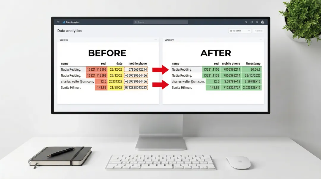 Data quality audit in Excel showing inconsistent categories and formatting errors