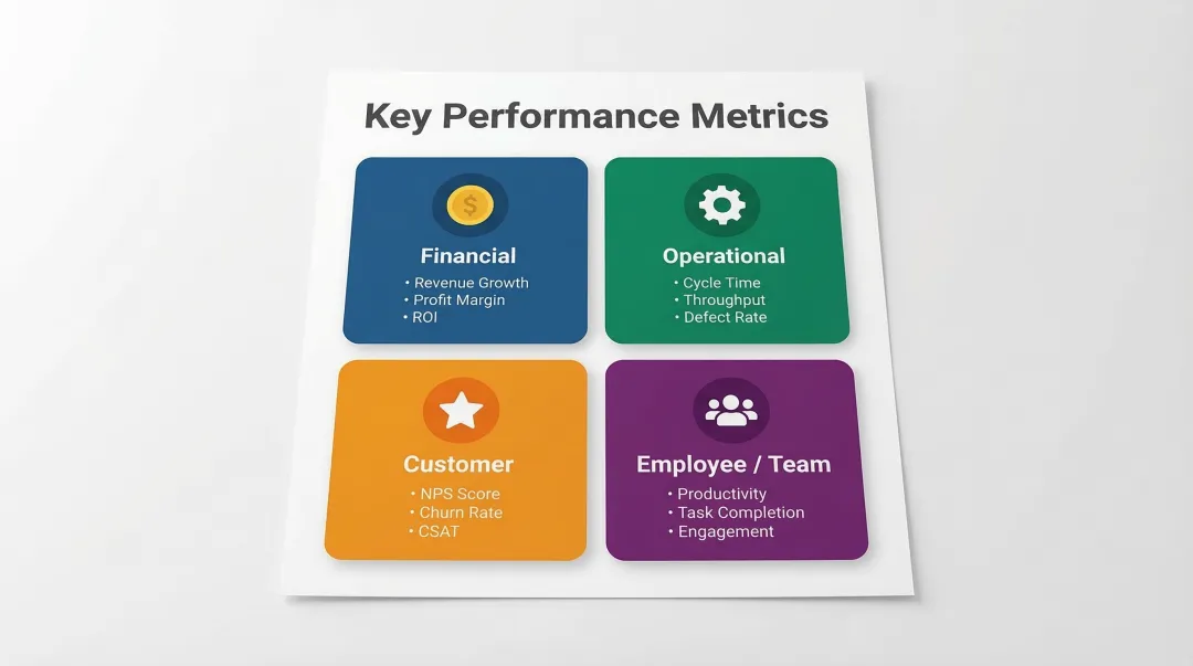 Four performance metric categories financial operational customer and employee KPIs overview