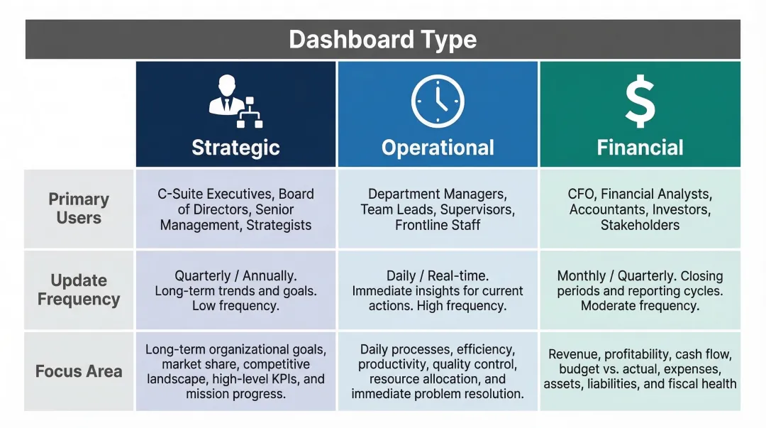 Three performance dashboard types strategic operational financial comparison chart