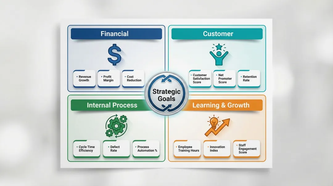 Balanced Scorecard four KPI categories framework overview infographic