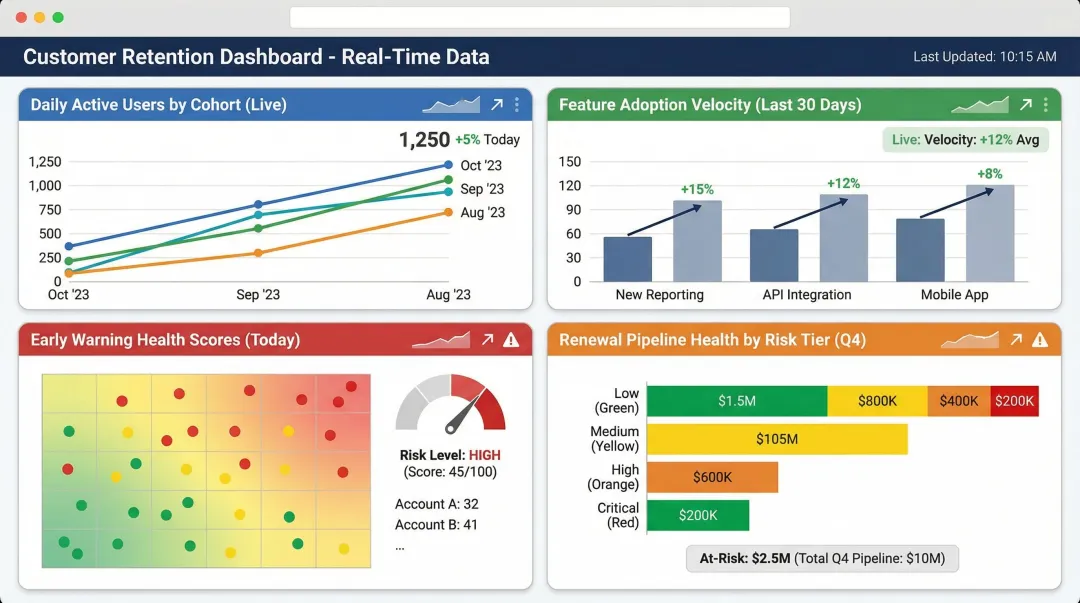 Real-time customer retention dashboard displaying health scores usage trends and renewal pipeline