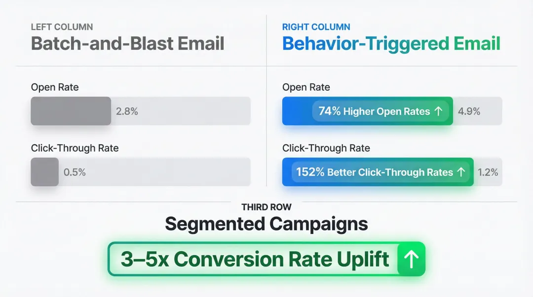 Behavior-triggered email versus batch email open rate and click-through rate comparison